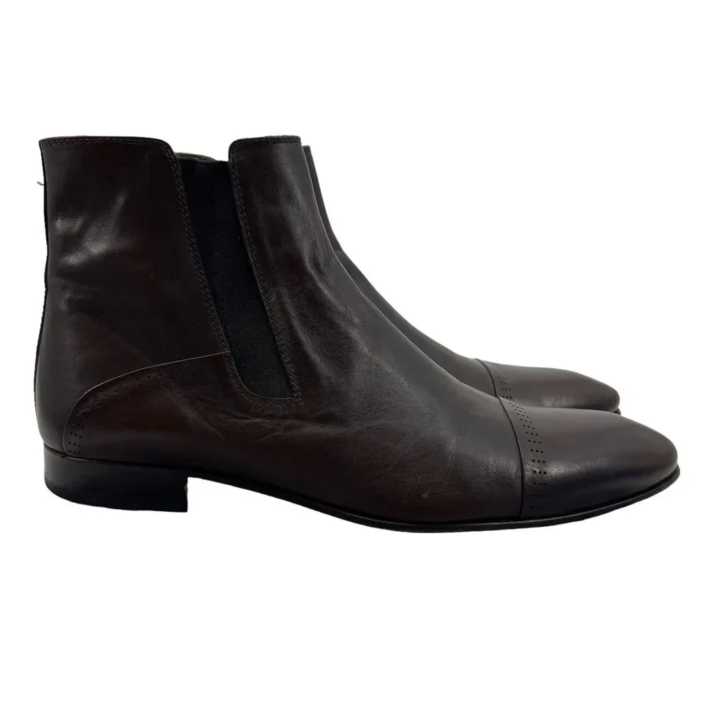 Dapper Man Cap Toe Chelsea Boots Mens 44 Brown Leather Side Zip Elastic Slip On